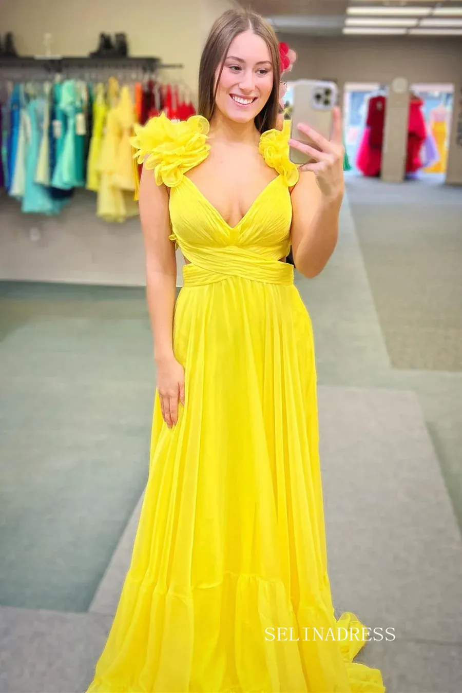 Chic A-line Straps Yellow Long Prom Dress Chiffon Elegant Party Dress #LOP801