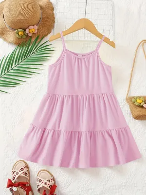 Chic & Playful Summer Essential: Girls' Solid Color Sleeveless Dress - Comfortable, Stretchable Fabric with Flared Hem for Daily Fun