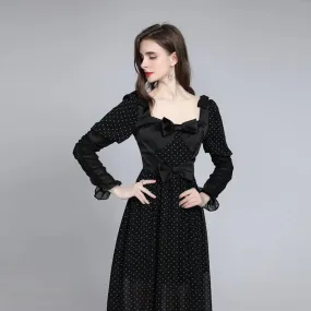 Chic Bow Polka Dot Long Sleeve Dress - Perfect for Weddings & Events