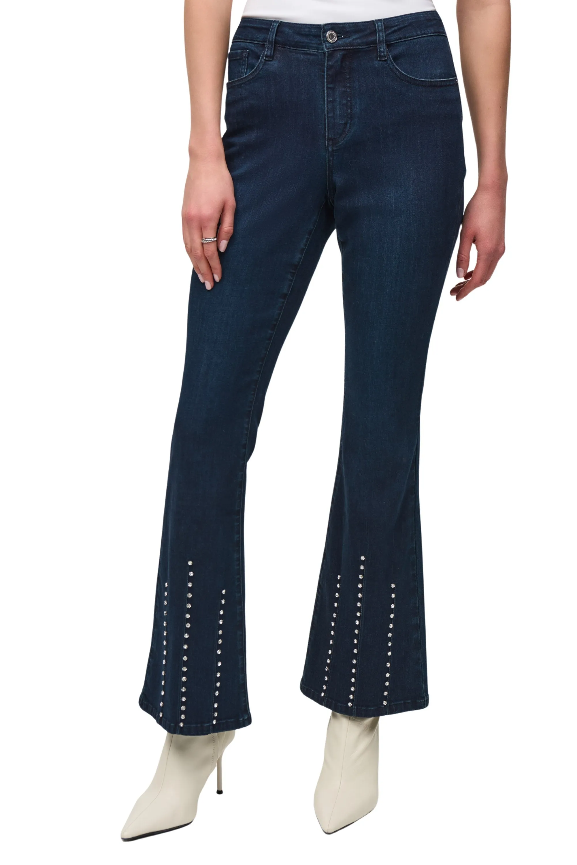 Classic Flared Denim Pants with Stone Rivets