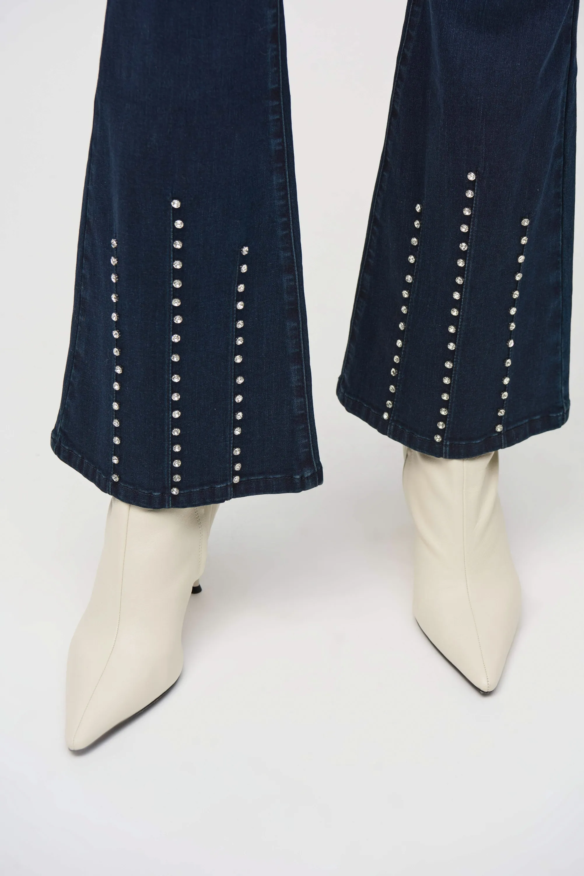 Classic Flared Denim Pants with Stone Rivets