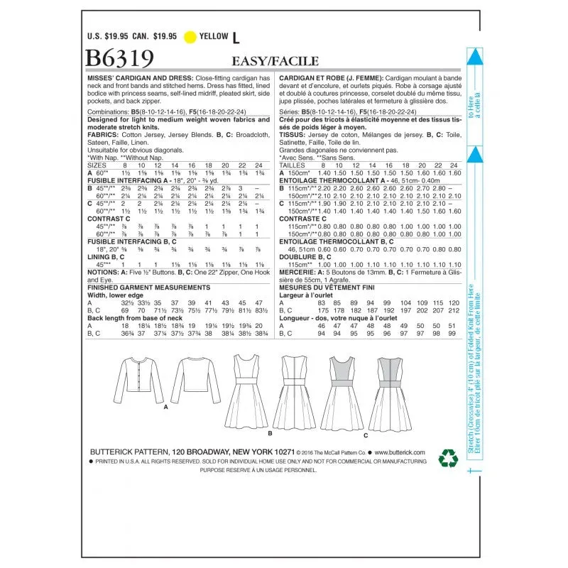 CLEARANCE • Butterick Pattern B6319 Misses' Cardigan and Pleated-Skirt Dress