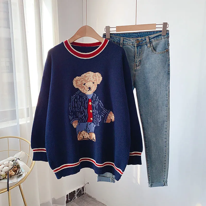 College style cute cartoon bear sweater round neck Pullover  4935