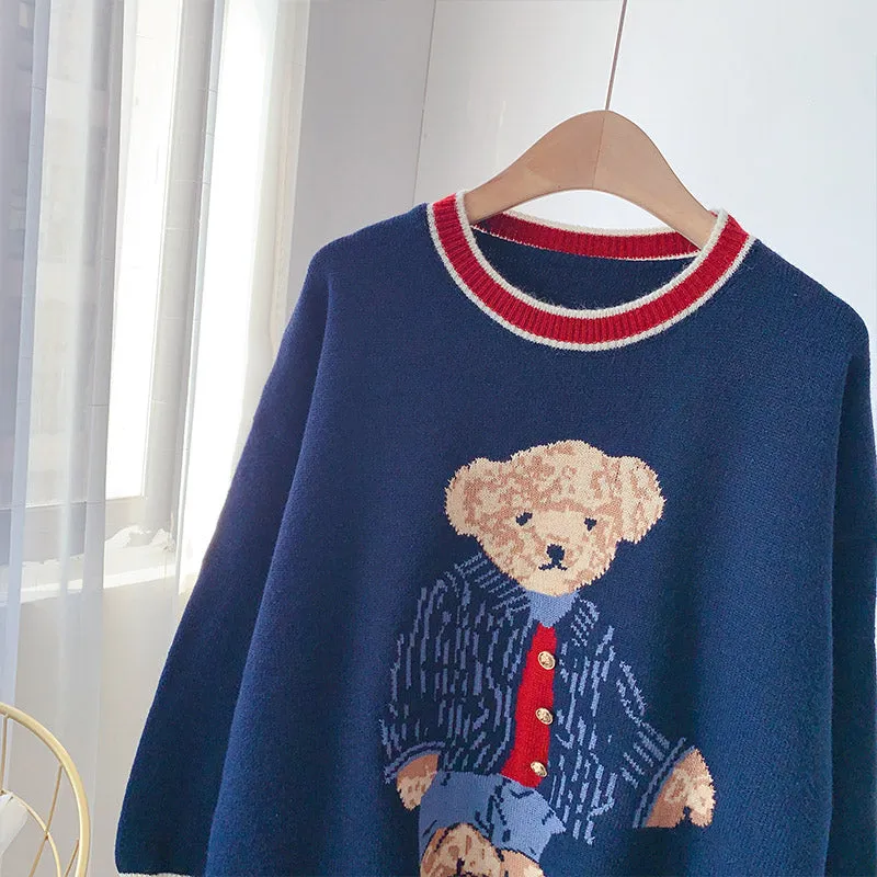 College style cute cartoon bear sweater round neck Pullover  4935