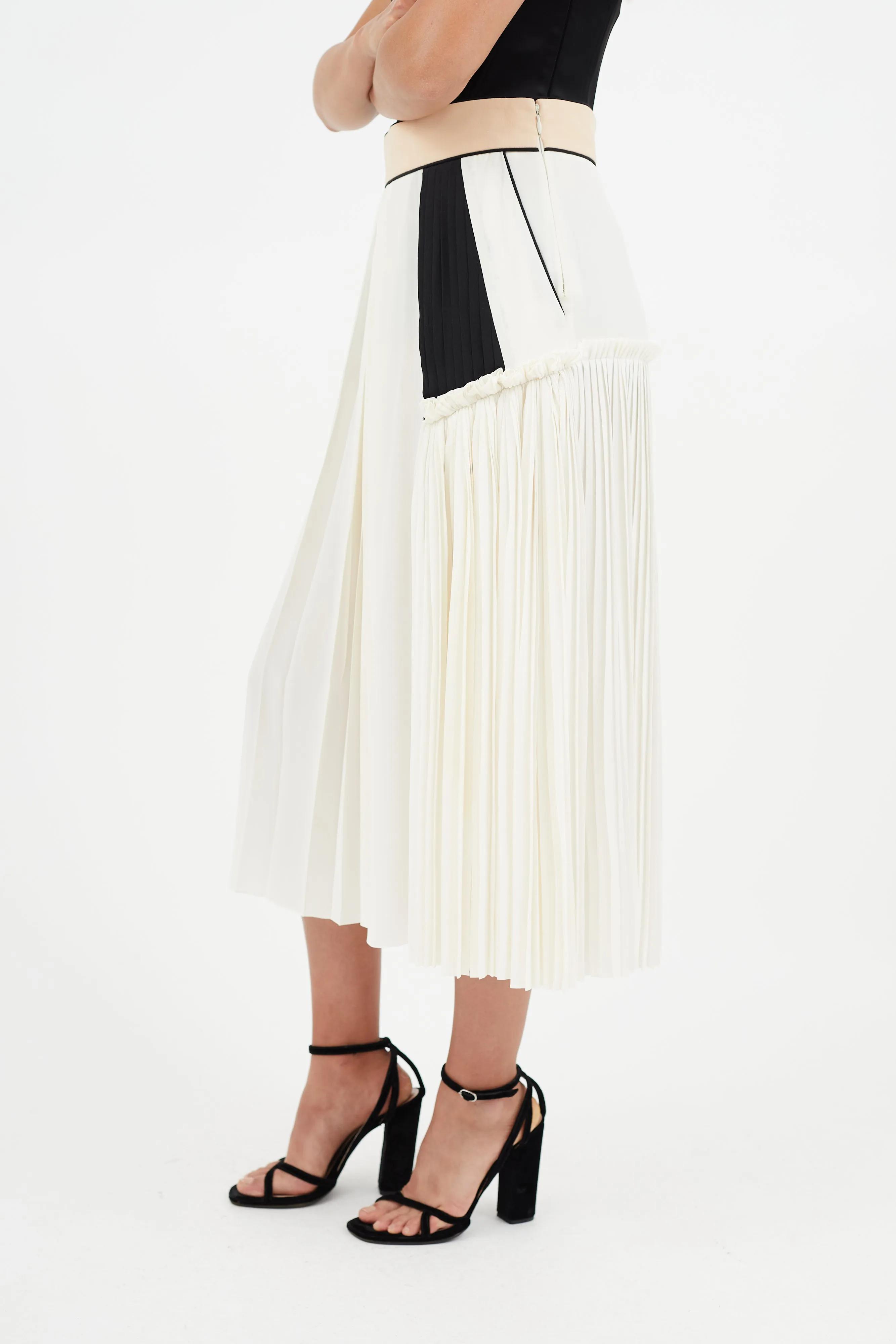 Cream & Multicolour Pleated Silk Skirt