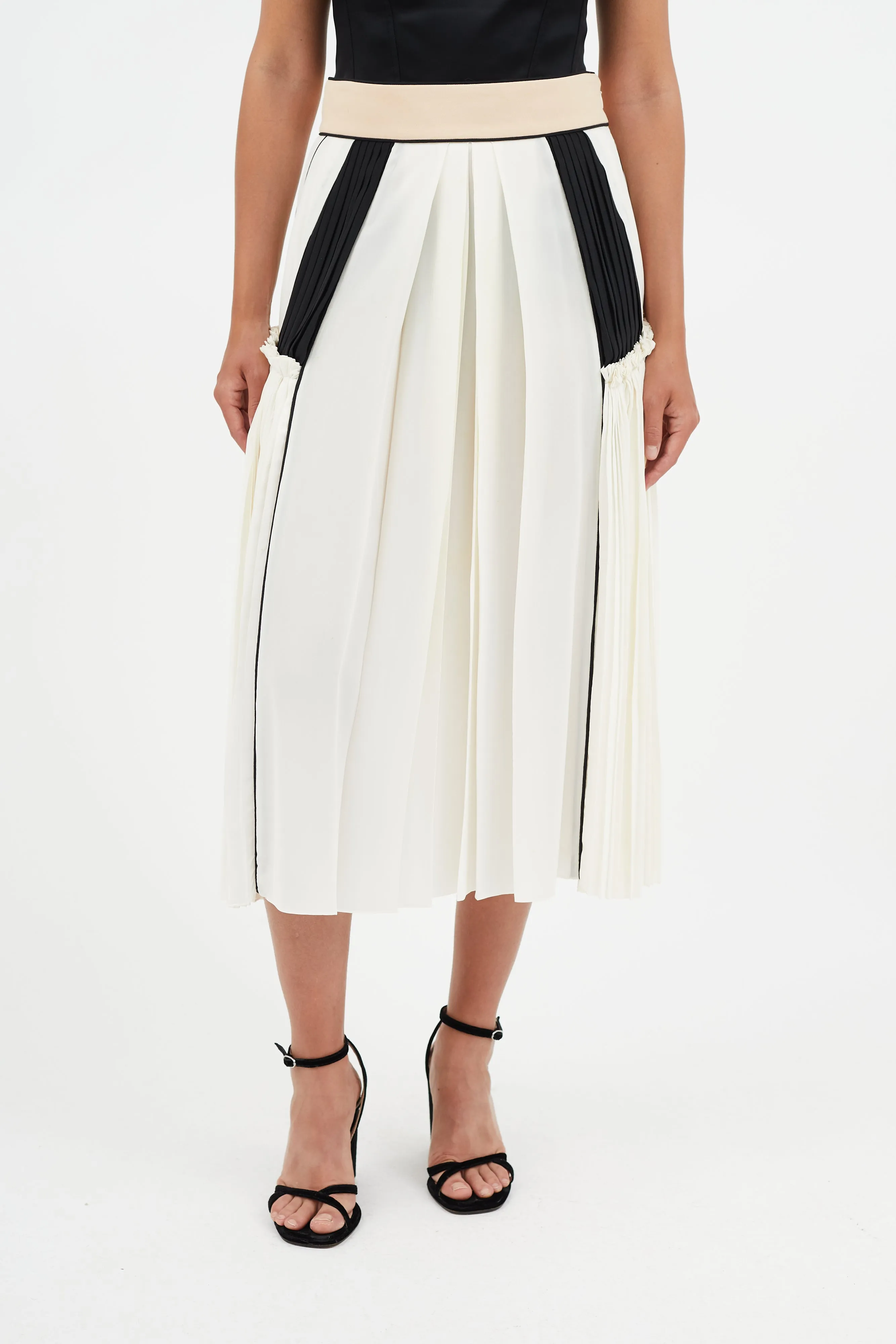 Cream & Multicolour Pleated Silk Skirt