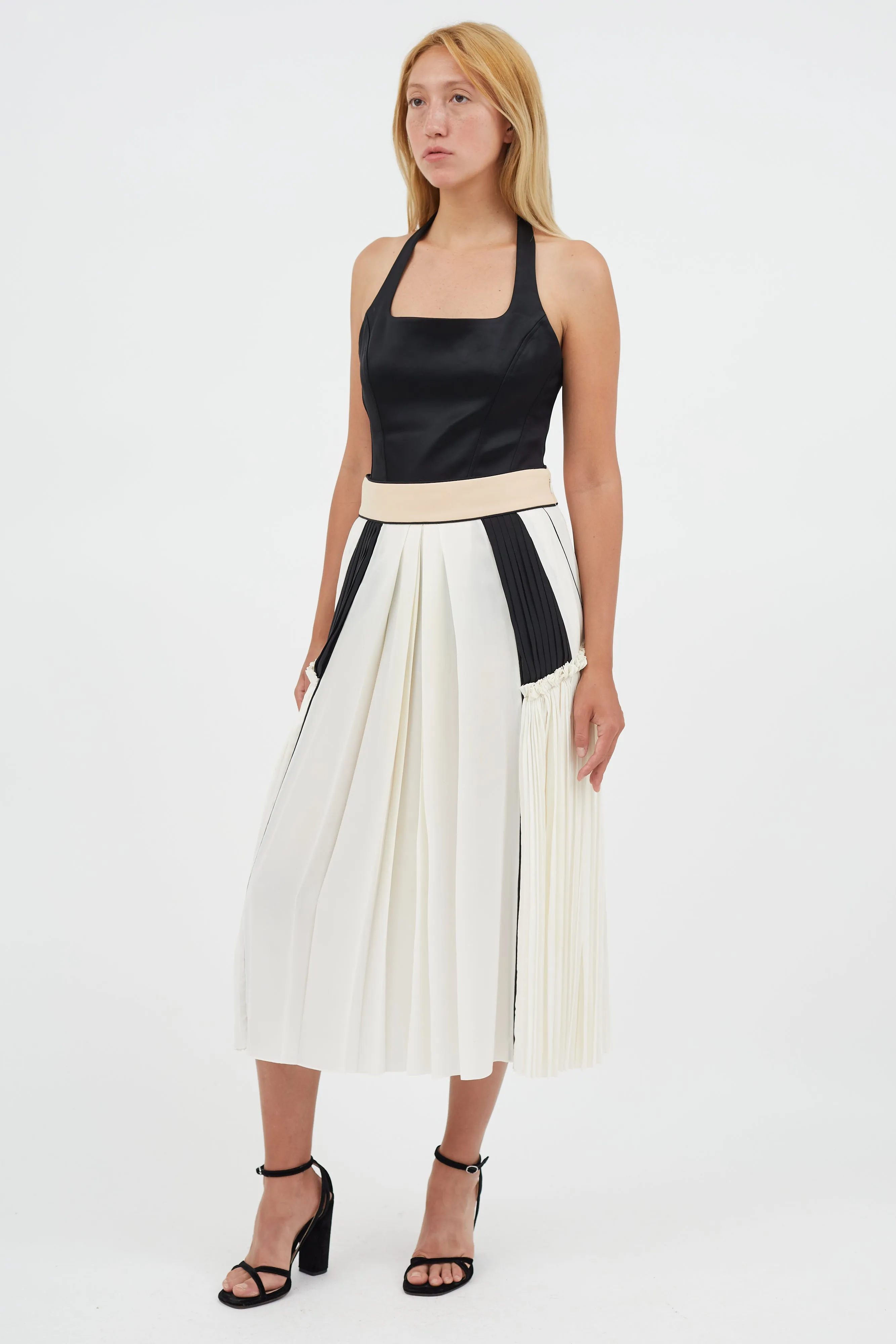 Cream & Multicolour Pleated Silk Skirt