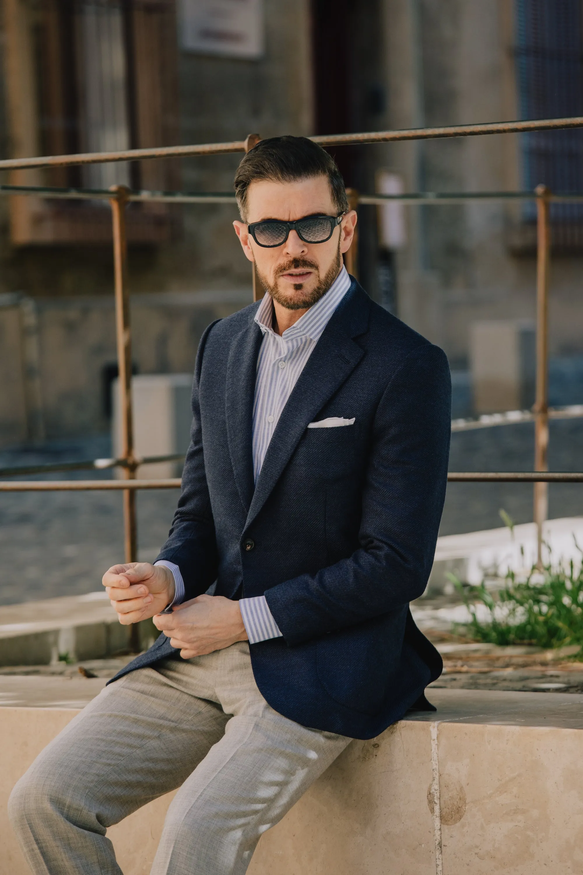 Cutaway Collar Shirt in Blue Stripe Soft Cotton