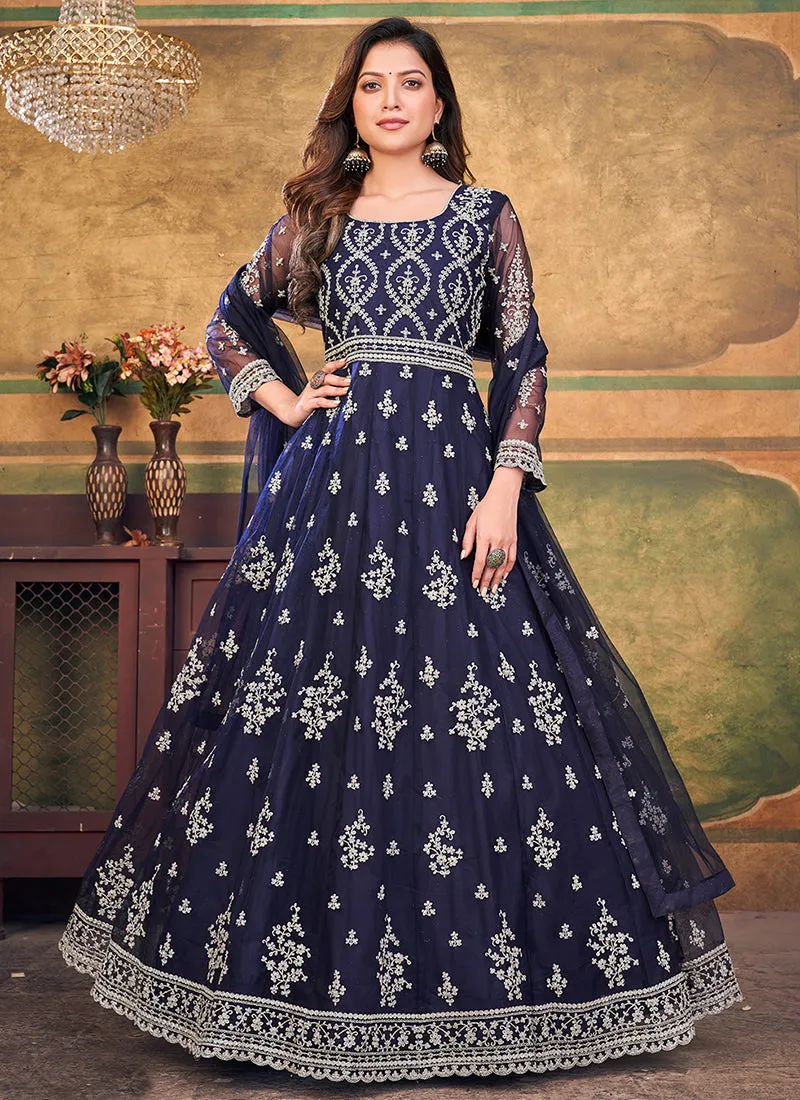 Dark Blue Embroidery Traditional Festive Anarkali Suit