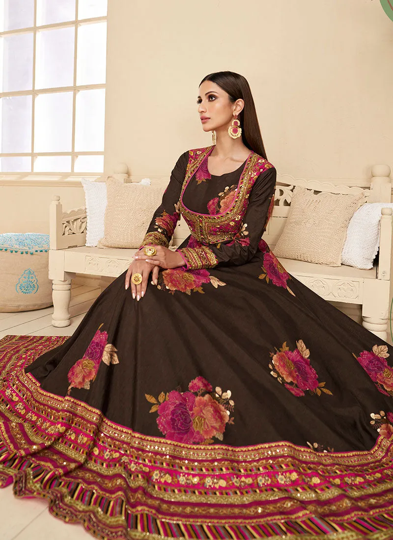 Dark Brown Multi Embroidery Traditional Silk Anarkali Gown