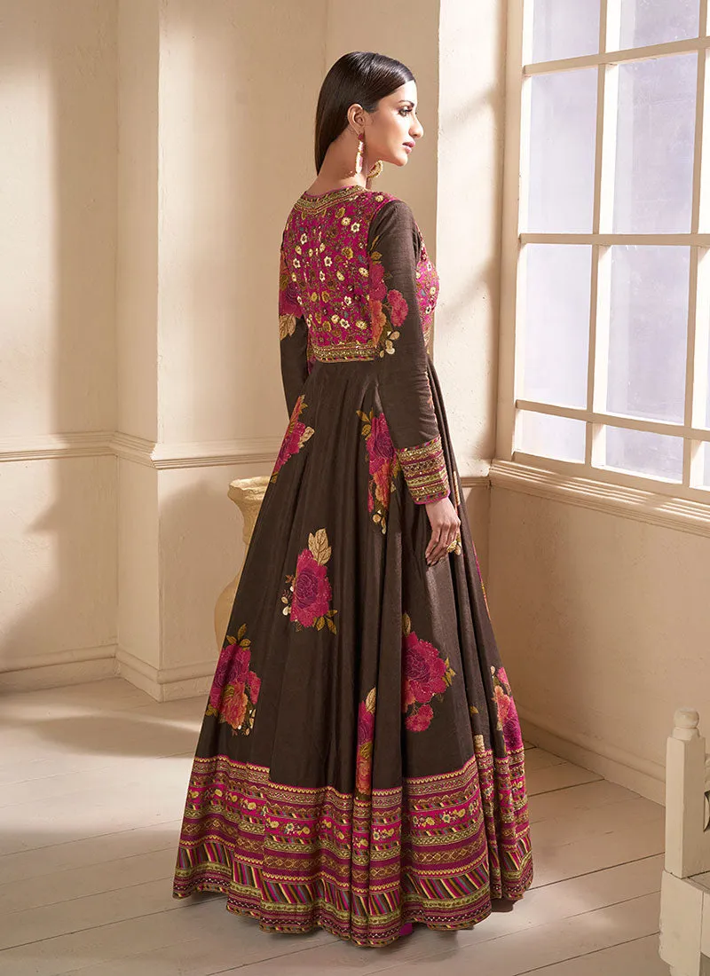 Dark Brown Multi Embroidery Traditional Silk Anarkali Gown