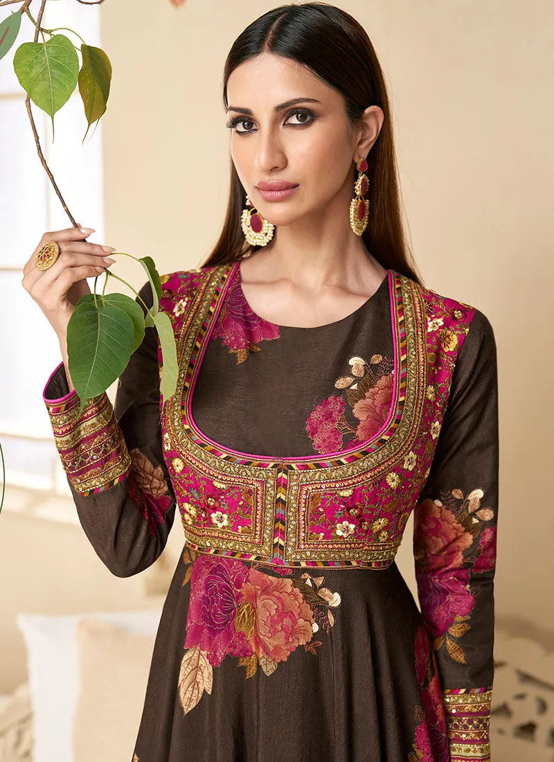 Dark Brown Multi Embroidery Traditional Silk Anarkali Gown