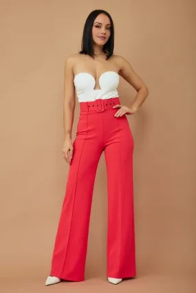 Dark Coral High Waist Pants With Buckle Belt