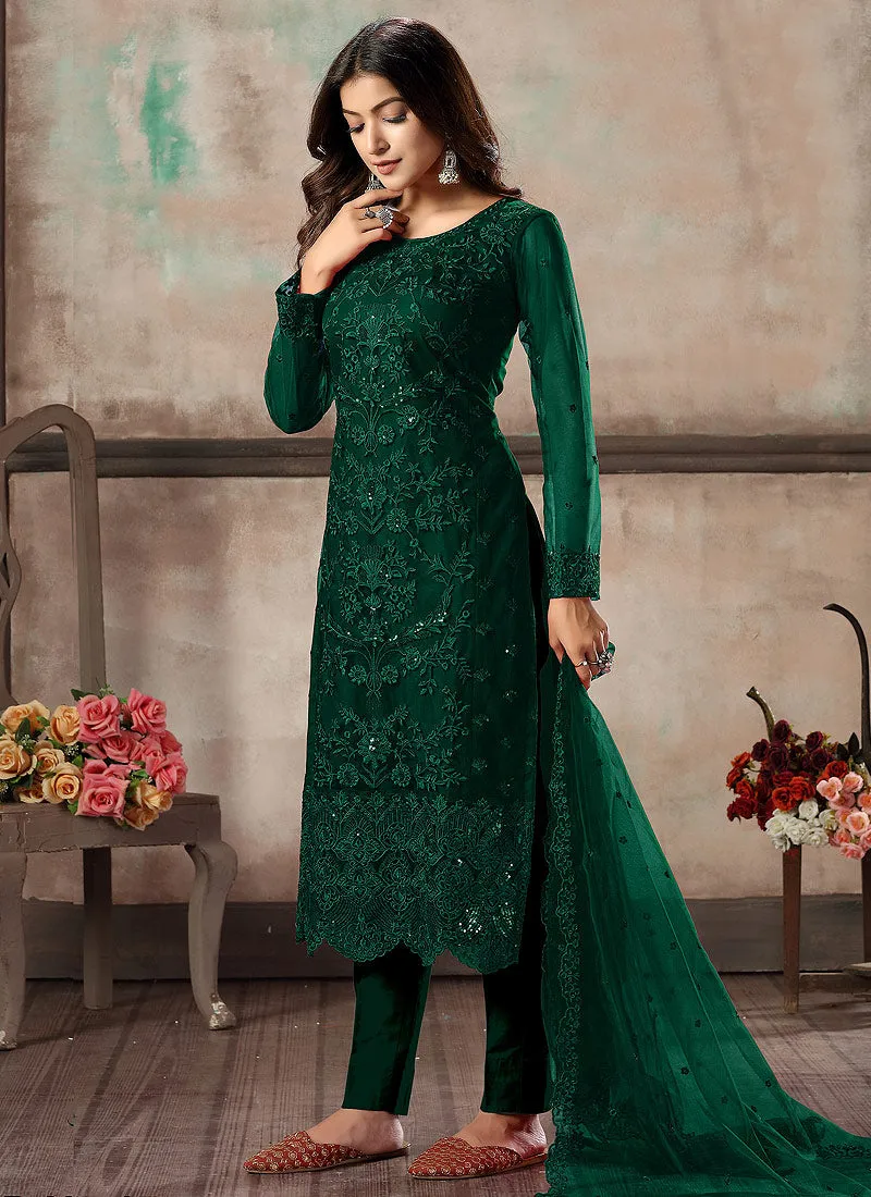 Dark Green Embroidered Pant Style Suit