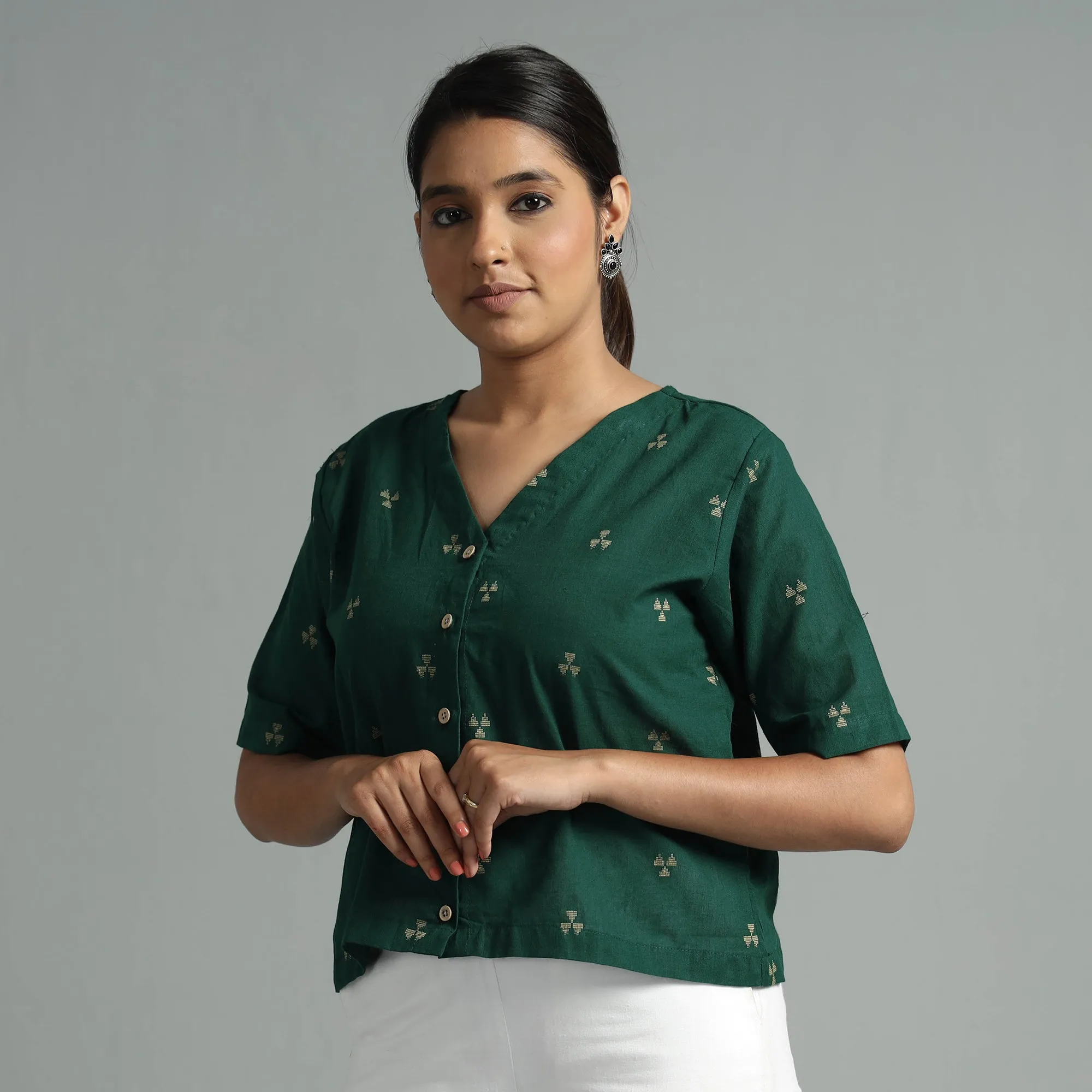 Dark Green - Jacquard Half Sleeve Cotton Crop Top