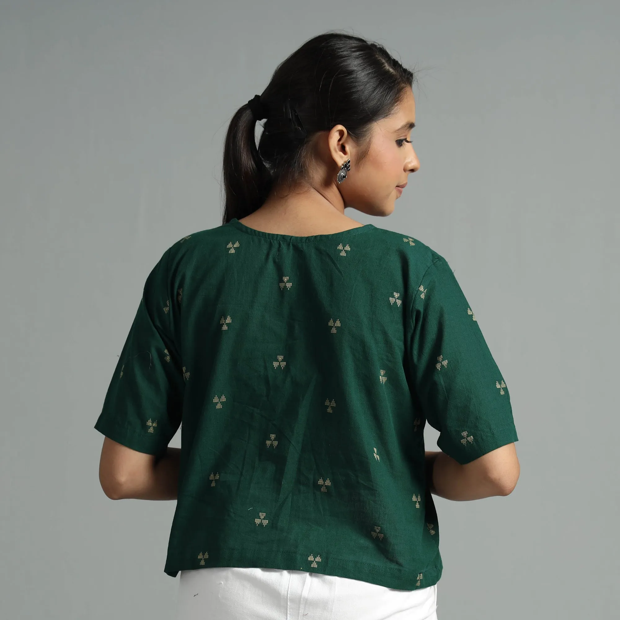 Dark Green - Jacquard Half Sleeve Cotton Crop Top