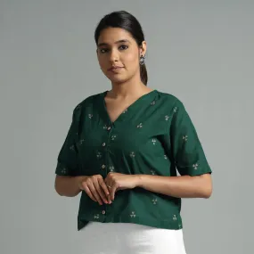 Dark Green - Jacquard Half Sleeve Cotton Crop Top