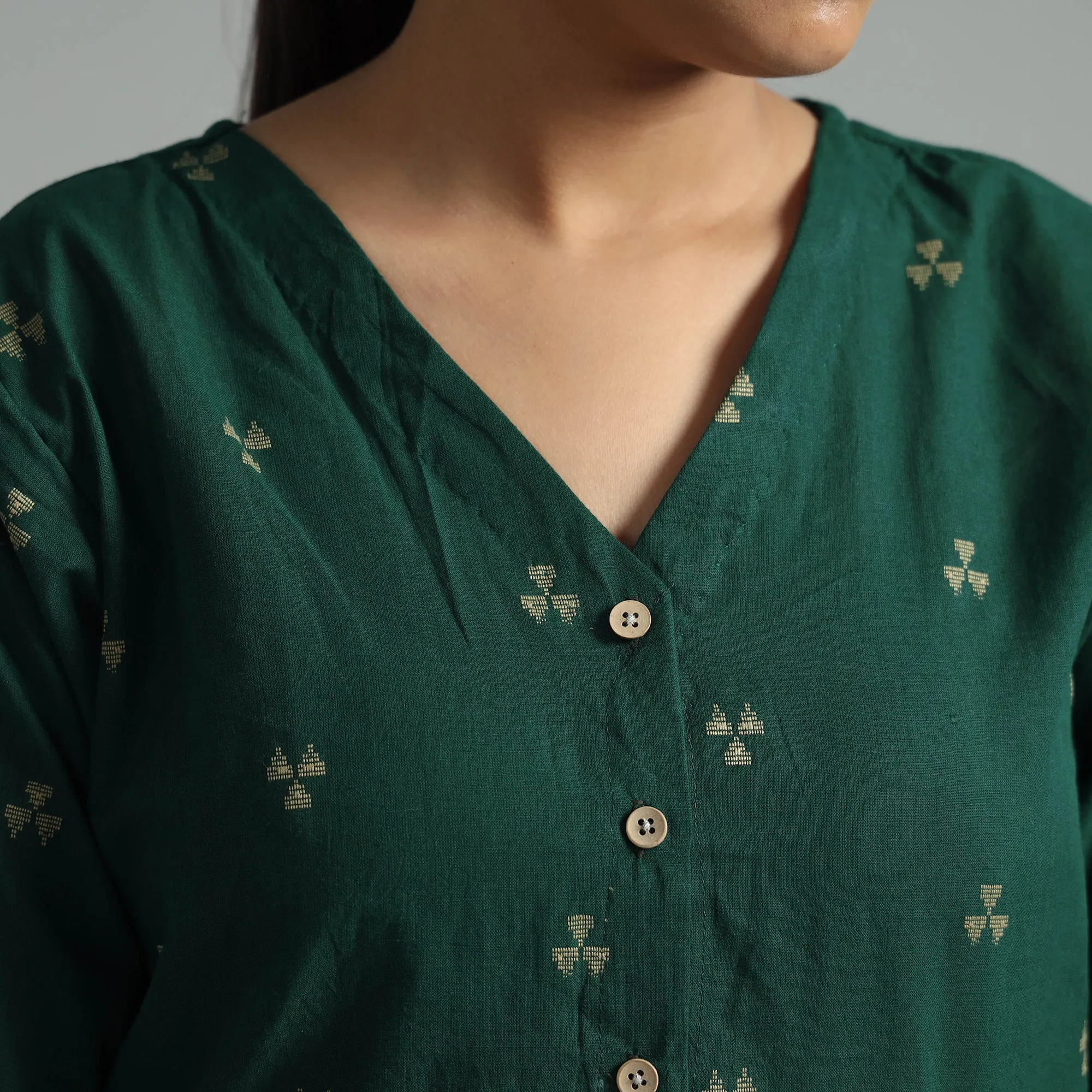 Dark Green - Jacquard Half Sleeve Cotton Crop Top