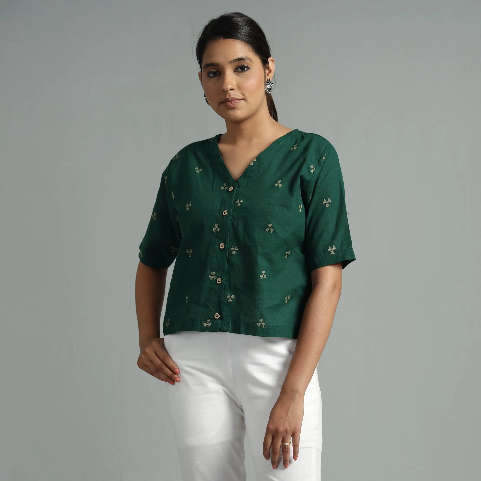 Dark Green - Jacquard Half Sleeve Cotton Crop Top