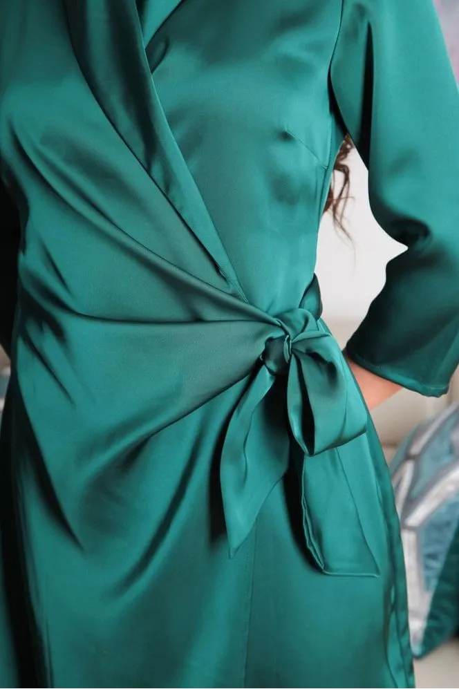 Double Second Green Wrap Belted Satin Dress