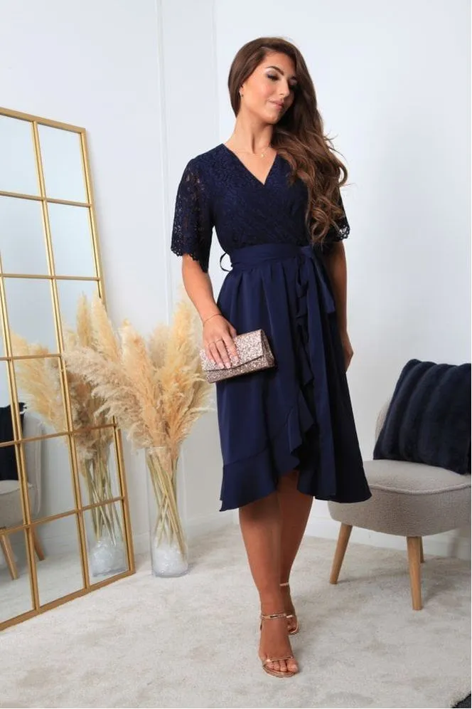 Double Second Navy Wrap Lace Dress With Frill Hem