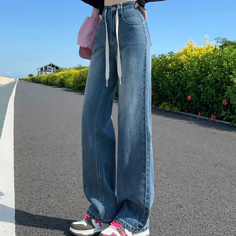 Drawstring Loose Wide Leg Denim Jeans