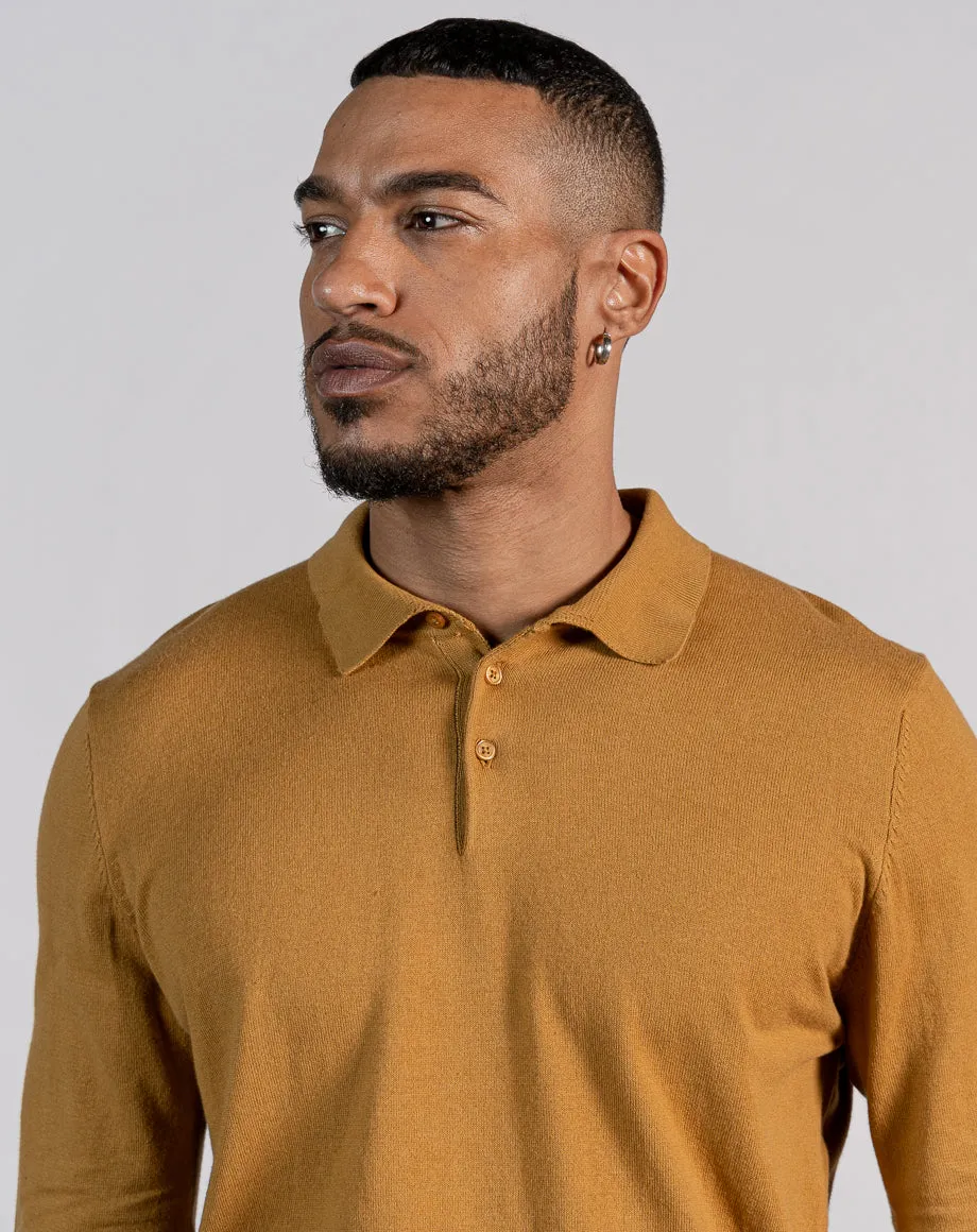 ESSENTIAL LONG SLEEVE KNITTED POLO TOP - MUSTARD