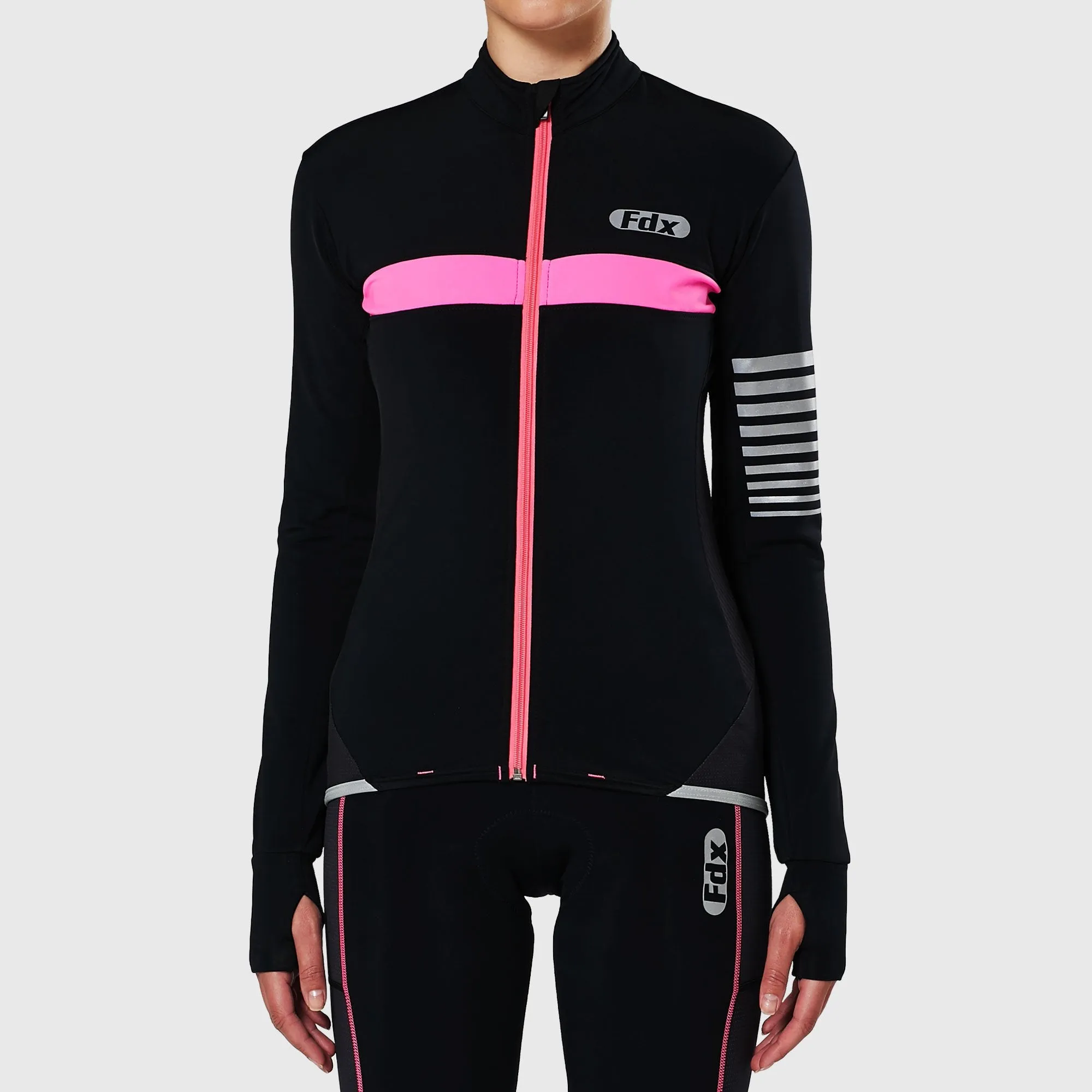 Fdx Women's & Girl's Set All Day Thermal Roubaix Long Sleeve Cycling Jersey & Cargo Bib Tights - Pink