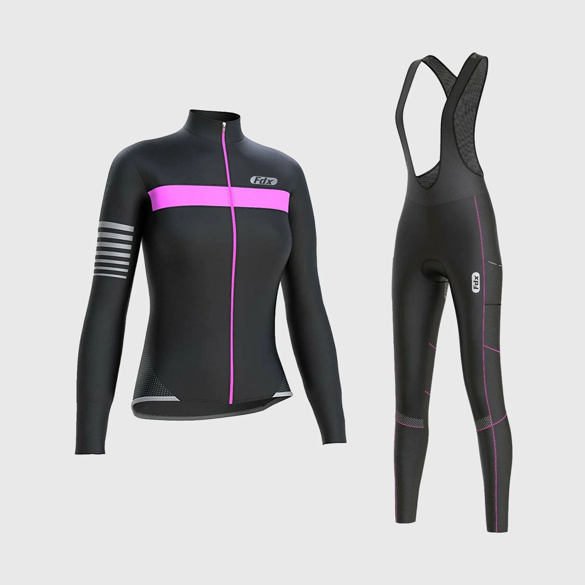 Fdx Women's & Girl's Set All Day Thermal Roubaix Long Sleeve Cycling Jersey & Cargo Bib Tights - Pink