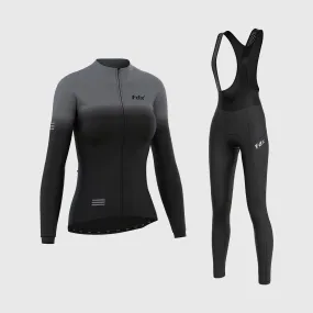 Fdx Women's & Girl's Set Duo Thermal Super Roubaix Black / Grey Long Sleeve Cycling Jersey & Bib Tights