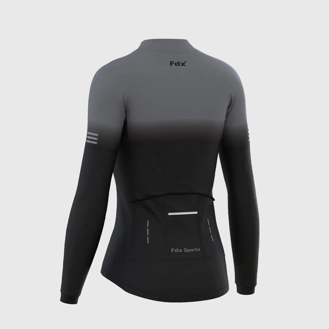 Fdx Women's & Girl's Set Duo Thermal Super Roubaix Black / Grey Long Sleeve Cycling Jersey & Bib Tights