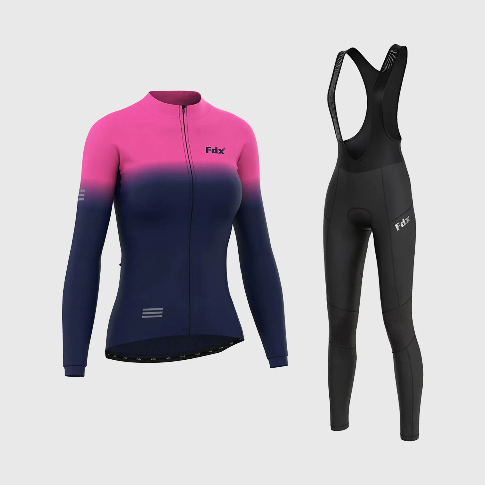 Fdx Women's & Girl's Set Duo Thermal Super Roubaix Pink / Blue Long Sleeve Cycling Jersey & Bib Tights