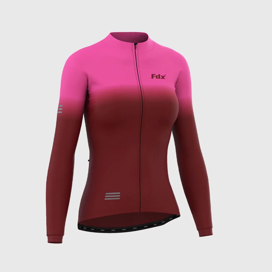 Fdx Women's & Girl's Set Duo Thermal Super Roubaix Pink / Maroon Long Sleeve Cycling Jersey & Bib Tights