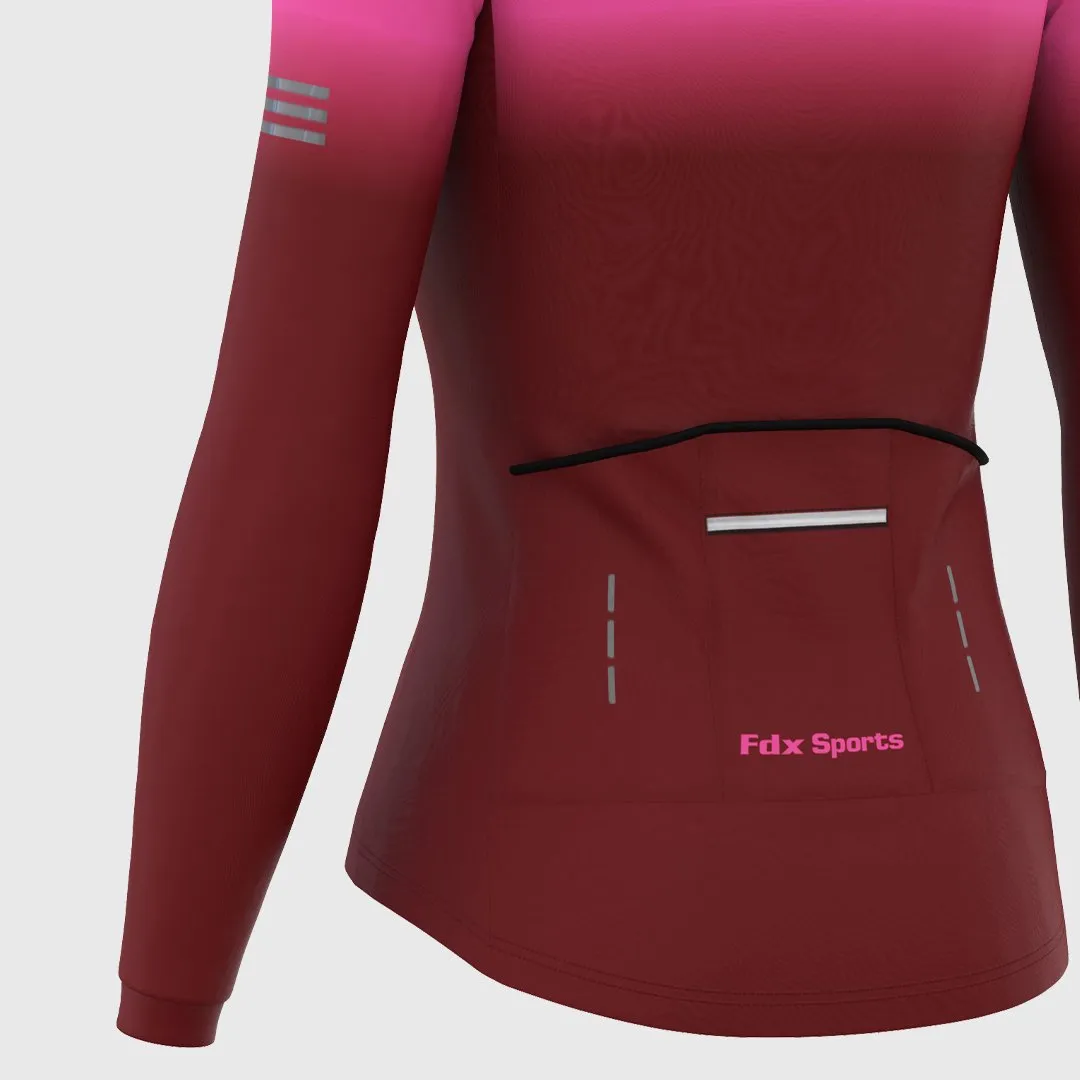 Fdx Women's & Girl's Set Duo Thermal Super Roubaix Pink / Maroon Long Sleeve Cycling Jersey & Bib Tights