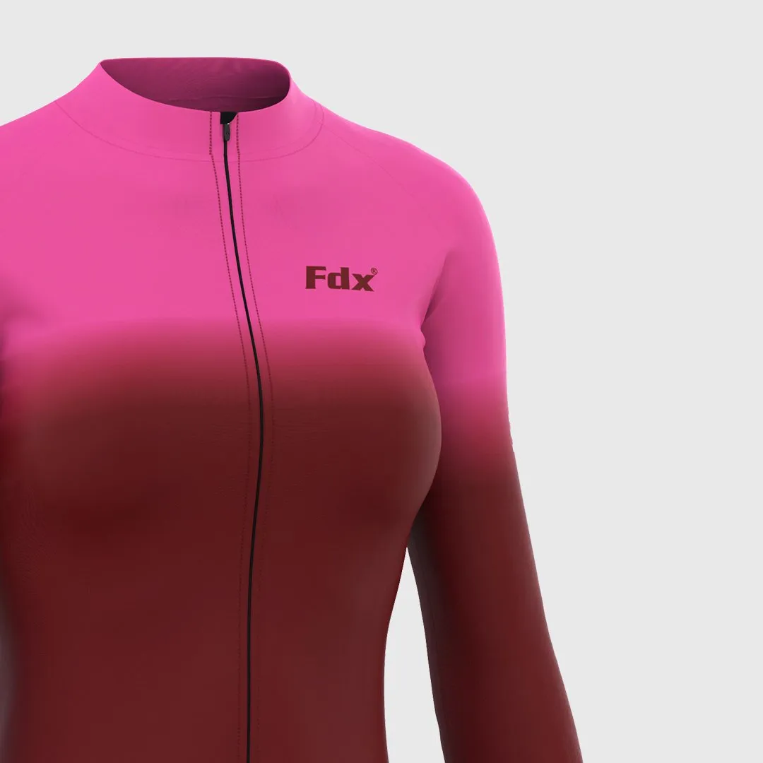 Fdx Women's & Girl's Set Duo Thermal Super Roubaix Pink / Maroon Long Sleeve Cycling Jersey & Bib Tights