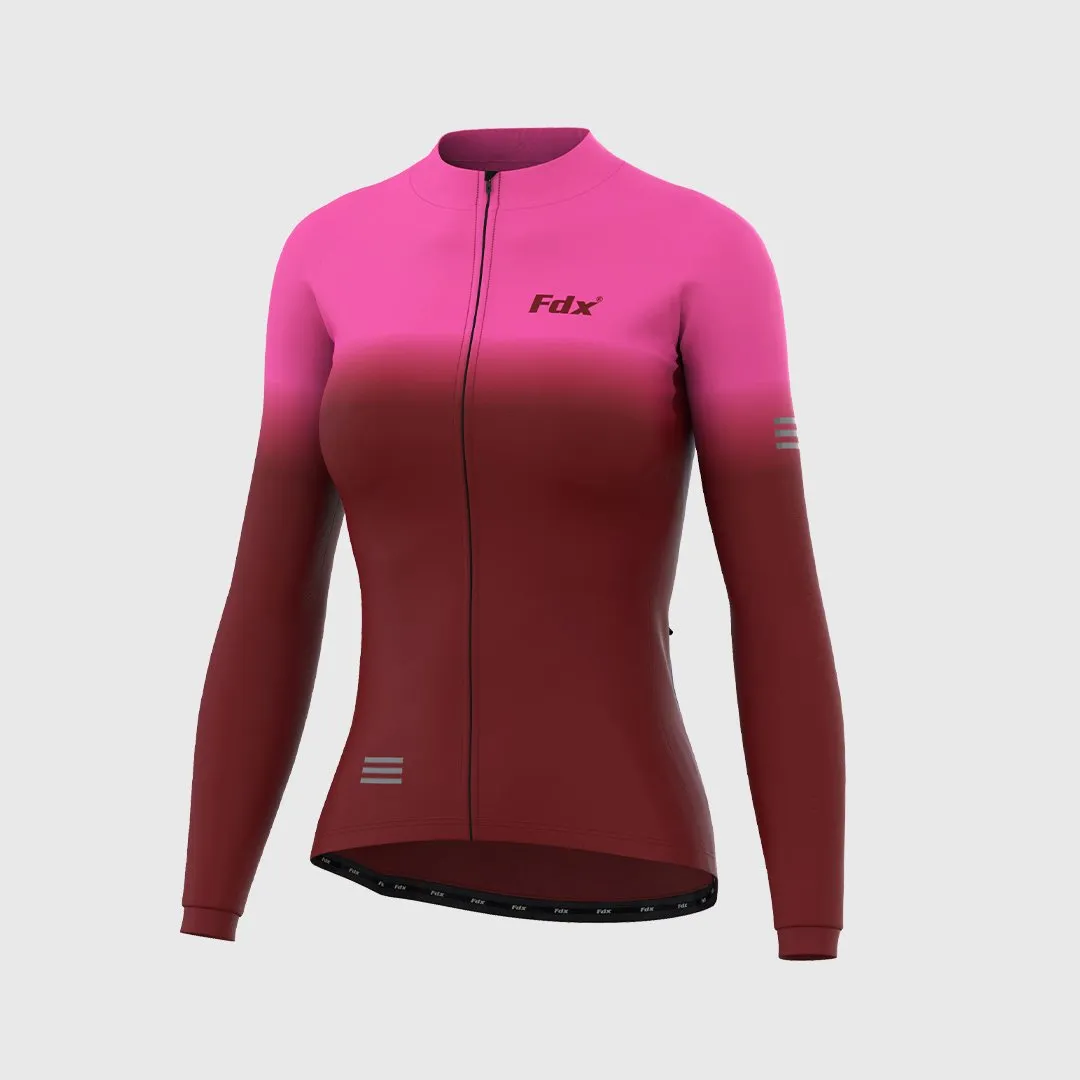 Fdx Women's & Girl's Set Duo Thermal Super Roubaix Pink / Maroon Long Sleeve Cycling Jersey & Bib Tights