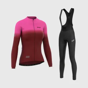 Fdx Women's & Girl's Set Duo Thermal Super Roubaix Pink / Maroon Long Sleeve Cycling Jersey & Bib Tights