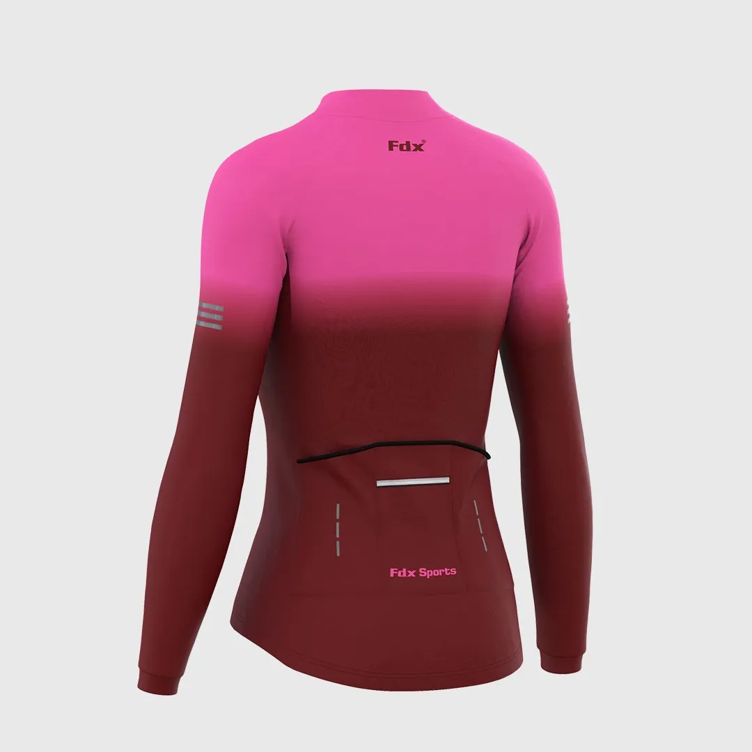 Fdx Women's & Girl's Set Duo Thermal Super Roubaix Pink / Maroon Long Sleeve Cycling Jersey & Bib Tights