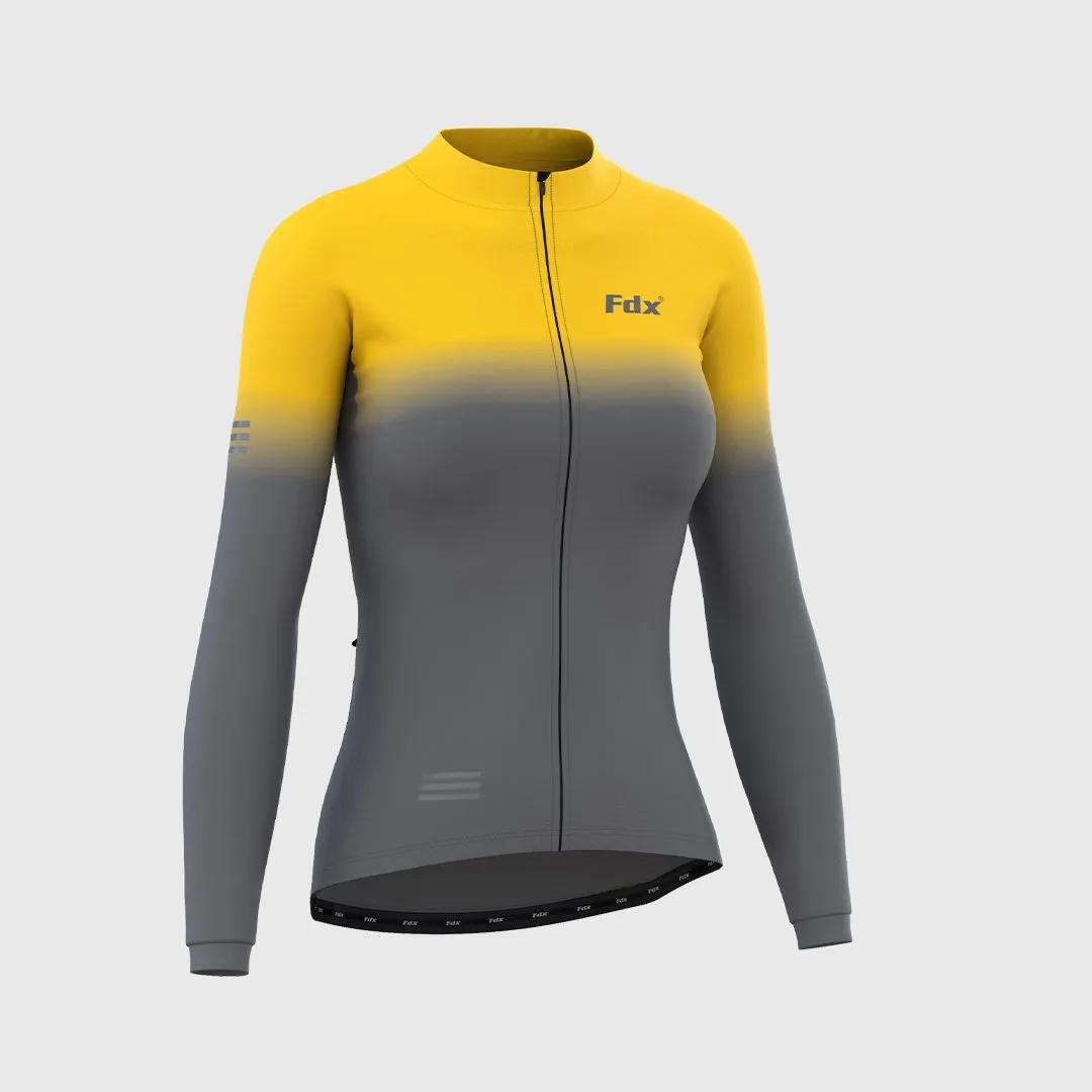 Fdx Women's & Girl's Set Duo Thermal Super Roubaix Yellow / Grey Long Sleeve Cycling Jersey & Bib Tights