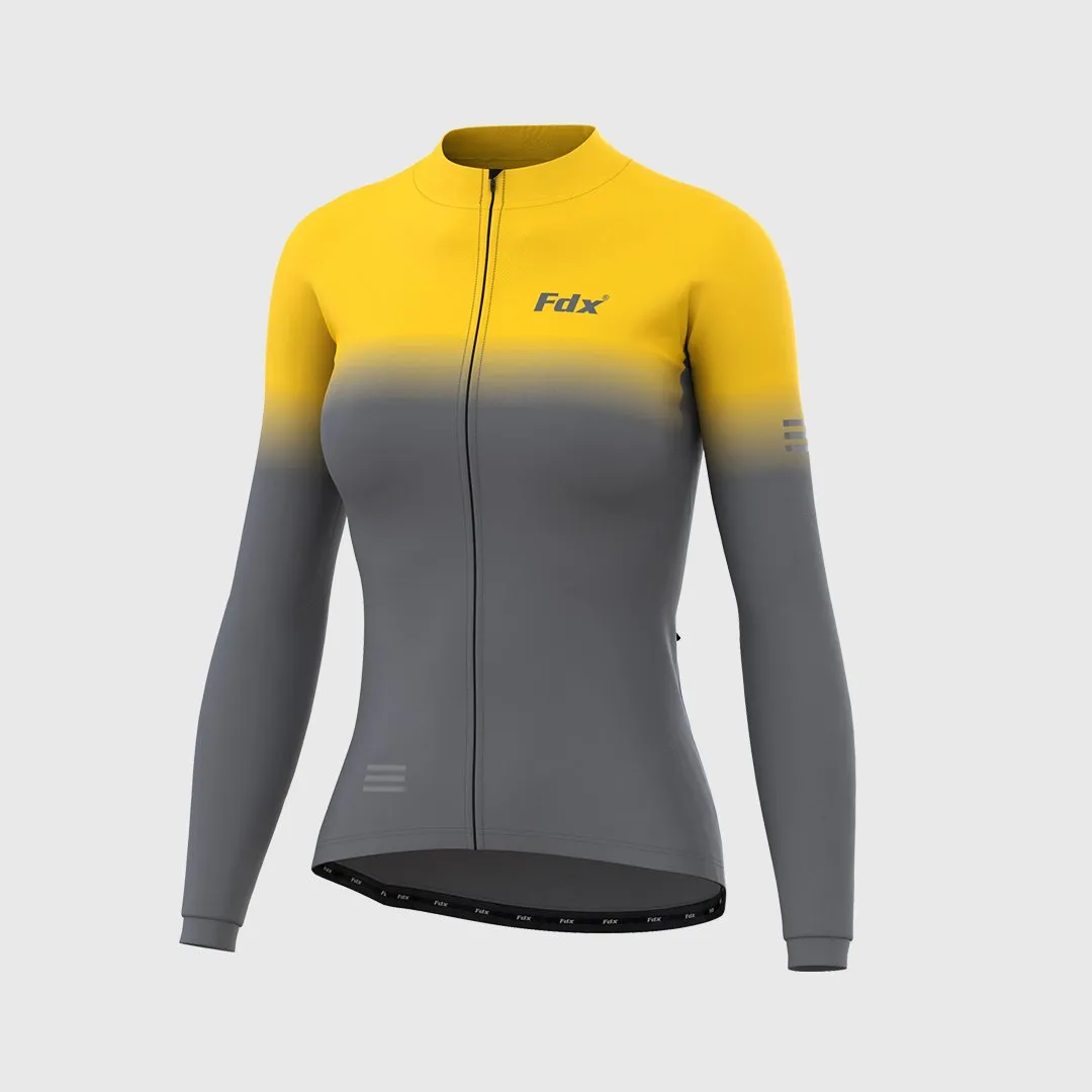 Fdx Women's & Girl's Set Duo Thermal Super Roubaix Yellow / Grey Long Sleeve Cycling Jersey & Bib Tights