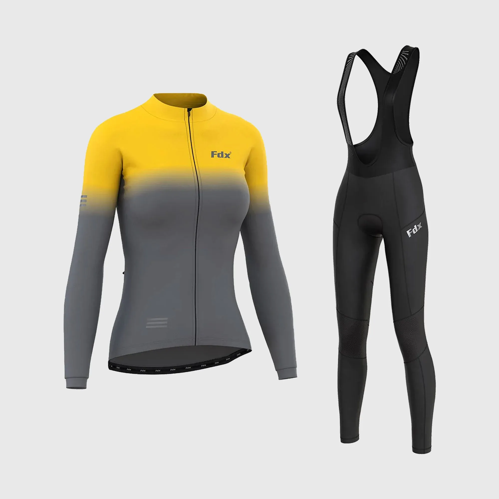 Fdx Women's & Girl's Set Duo Thermal Super Roubaix Yellow / Grey Long Sleeve Cycling Jersey & Bib Tights