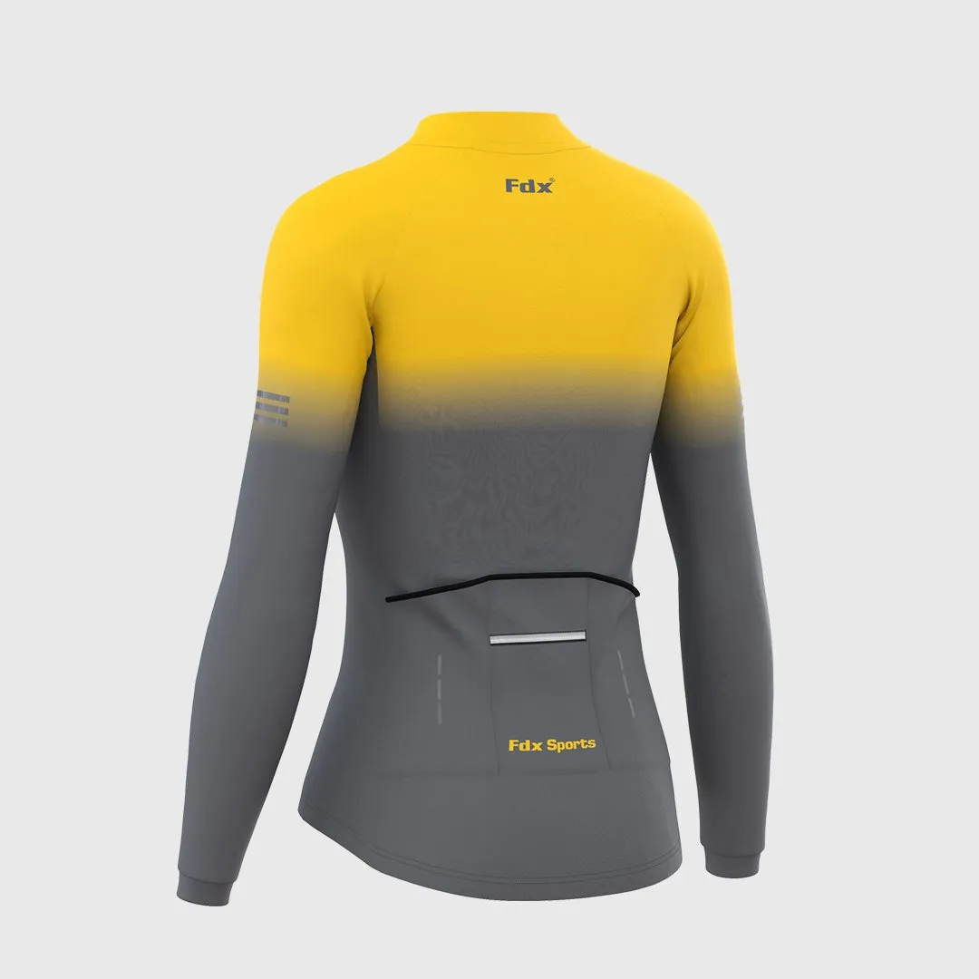 Fdx Women's & Girl's Set Duo Thermal Super Roubaix Yellow / Grey Long Sleeve Cycling Jersey & Bib Tights