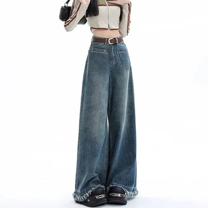 Female 2024 New High-Waisted Loose Design Sense Niche Drape Drag Jeans