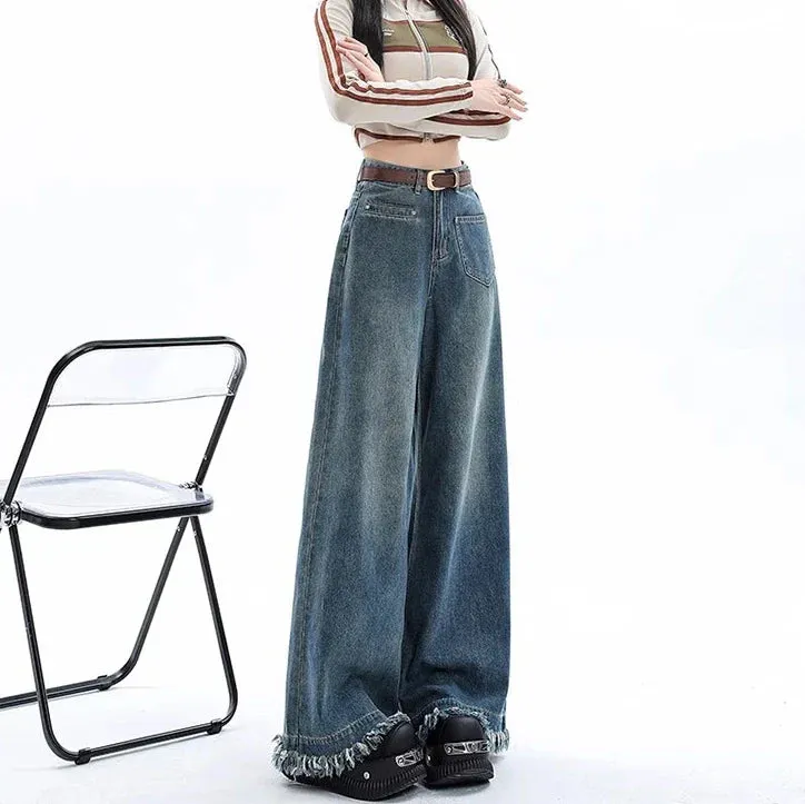 Female 2024 New High-Waisted Loose Design Sense Niche Drape Drag Jeans