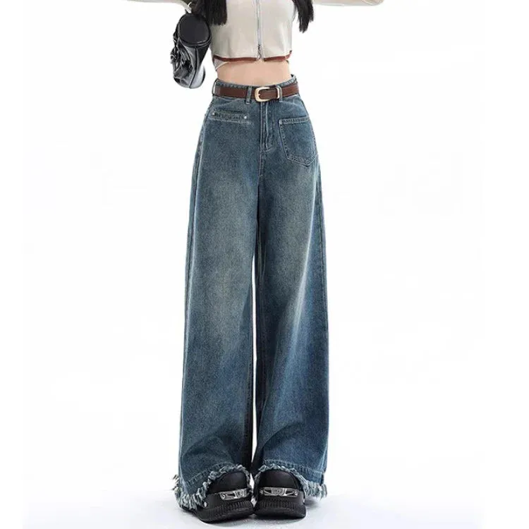 Female 2024 New High-Waisted Loose Design Sense Niche Drape Drag Jeans