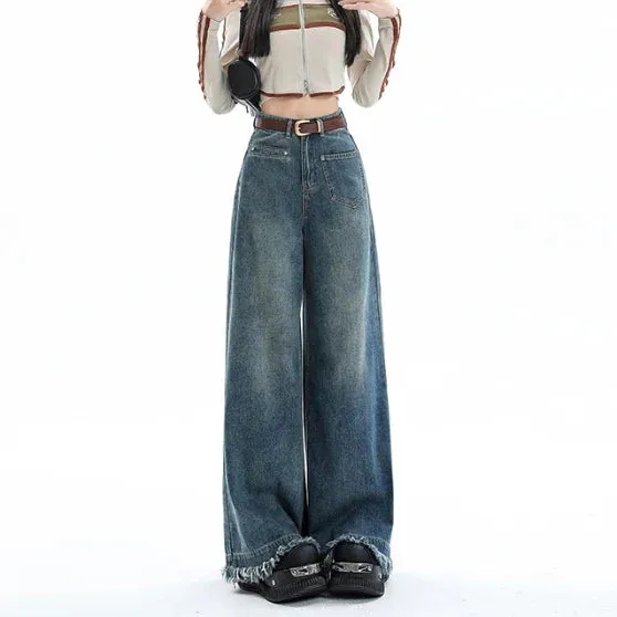 Female 2024 New High-Waisted Loose Design Sense Niche Drape Drag Jeans