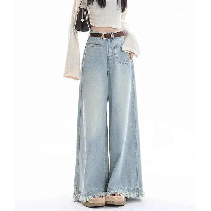 Female 2024 New High-Waisted Loose Design Sense Niche Drape Drag Jeans