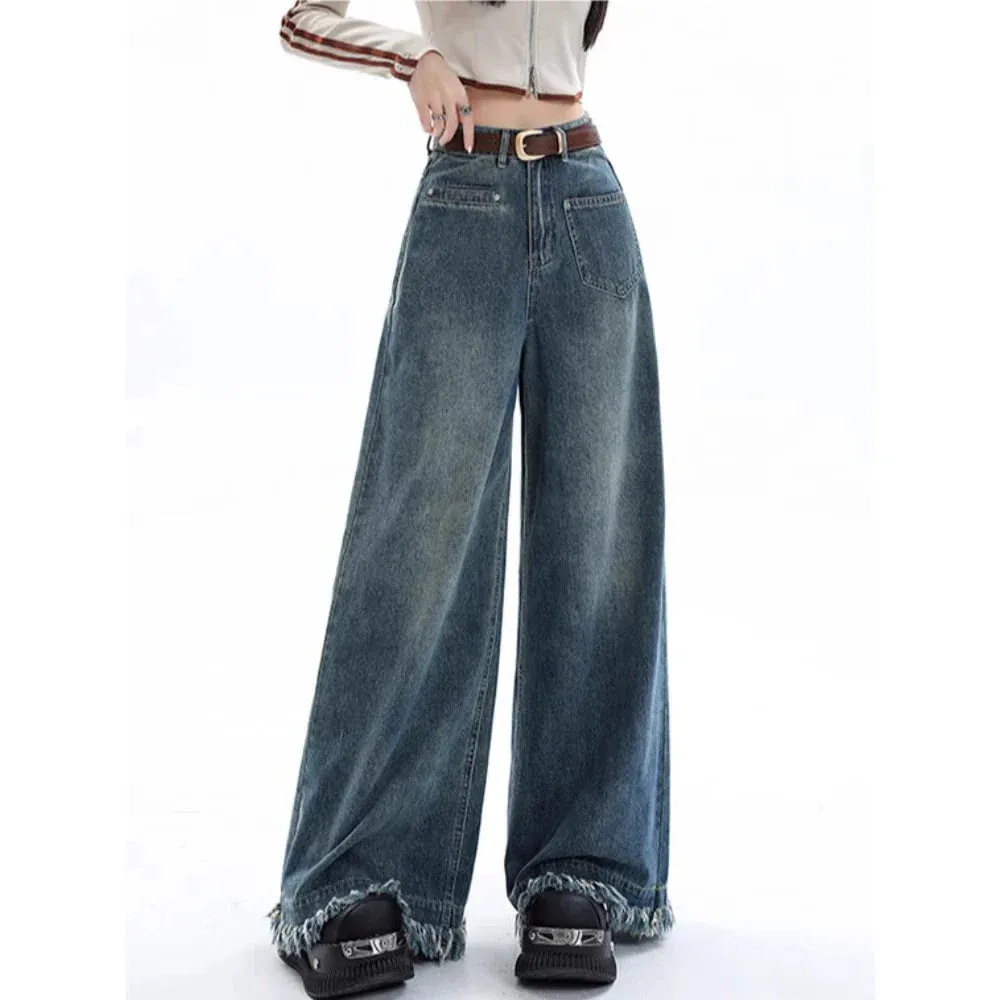 Female 2024 New High-Waisted Loose Design Sense Niche Drape Drag Jeans