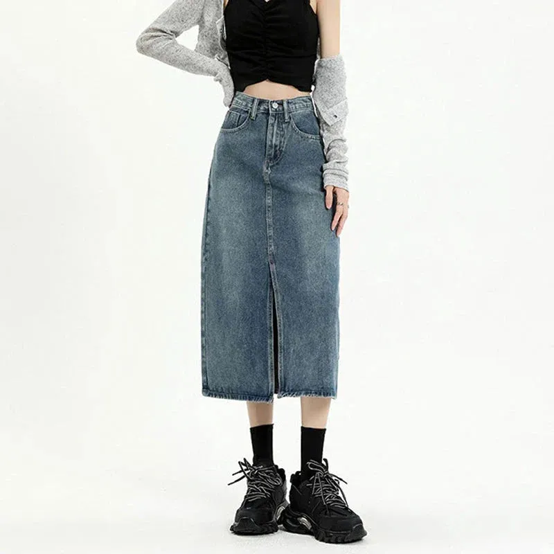 Female Spring 2024 New High-Waisted Thin Short Skirt Retro Blue Medium-Length Skirt Jeans