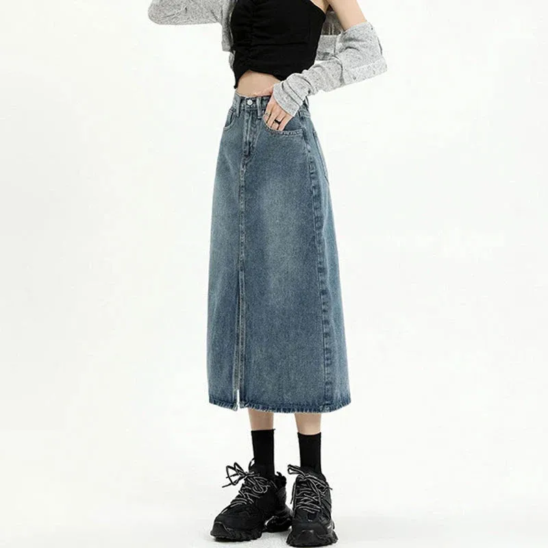 Female Spring 2024 New High-Waisted Thin Short Skirt Retro Blue Medium-Length Skirt Jeans